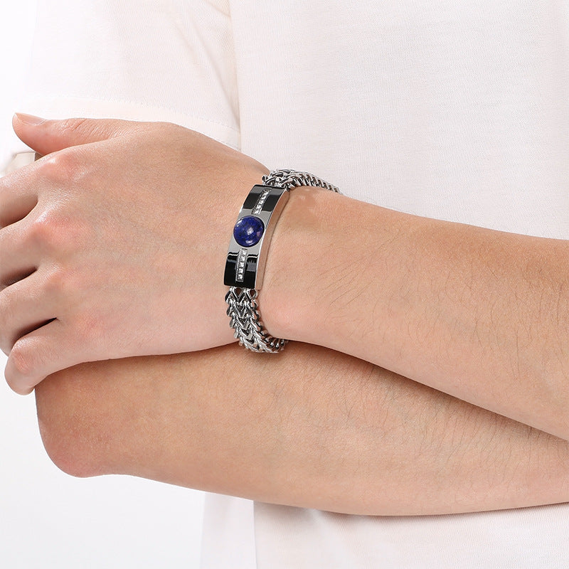 Blue Gold Black Pine Obsidian Inlaid Zircon Curved Bar Front & Back Chain Stainless Bracelet