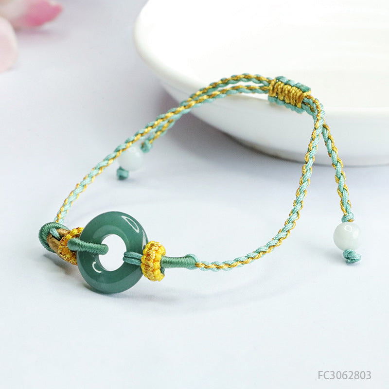 Blue Water Jadeite Peace Ring Cord Bracelet