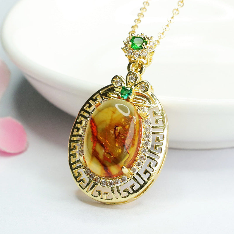 Amber Flower Pendant with Zircon Hollow Design in Sterling Silver