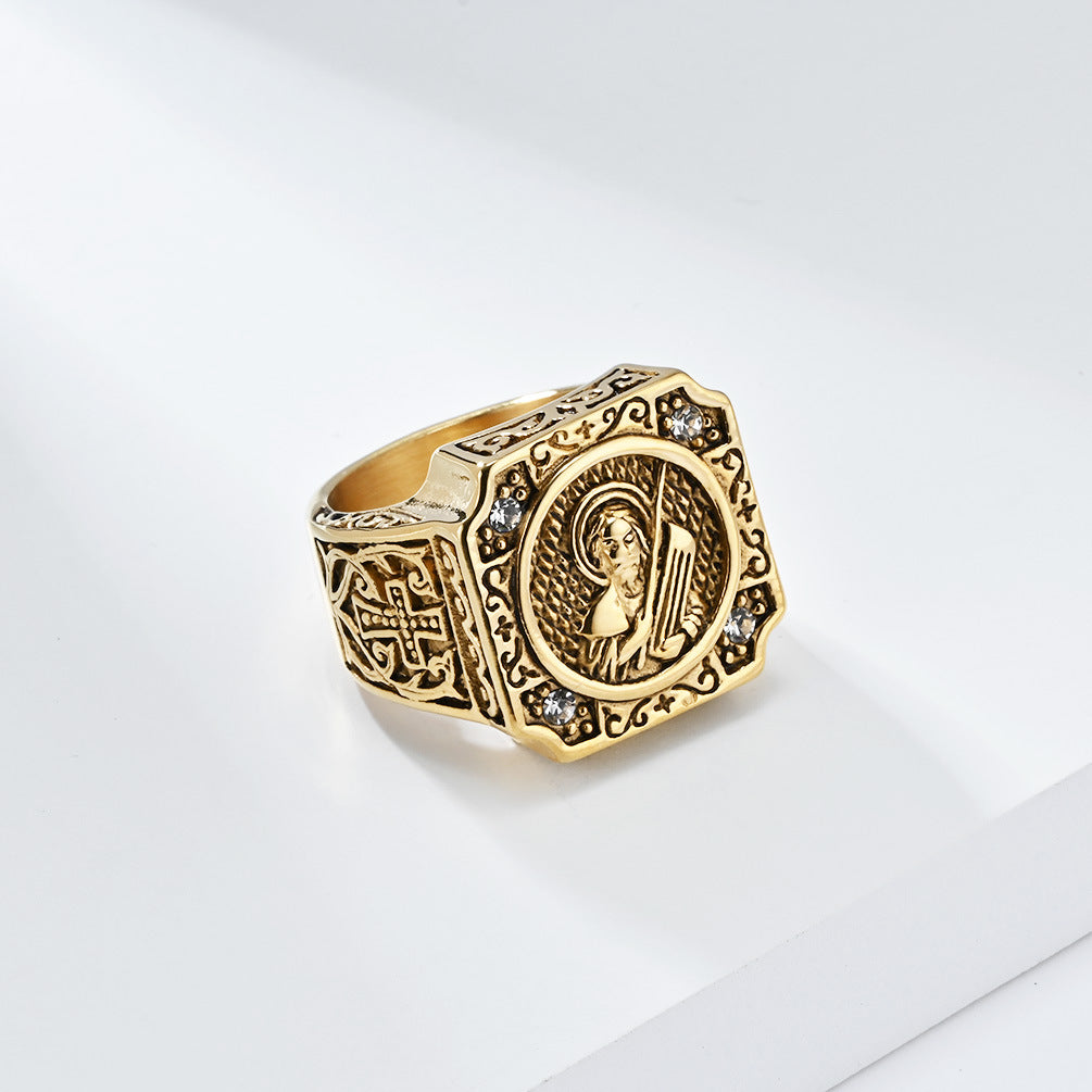 Planderful Cross Portrait Ring For Men Bold Steel Hip Hop Punk Style Durable Everyday Jewelry