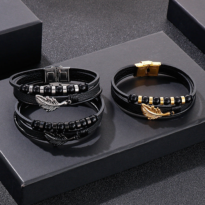 Planderful Multi Layer Feather Woven Leather Bracelet For Men
