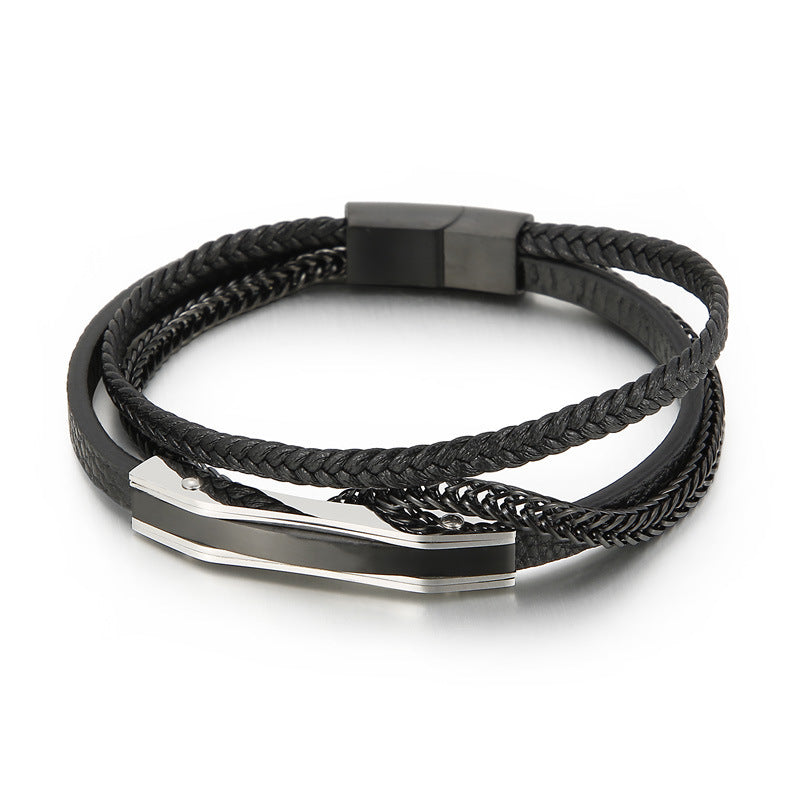 Planderful Mens Leather Bracelet MultiLayer Magnetic Buckle
