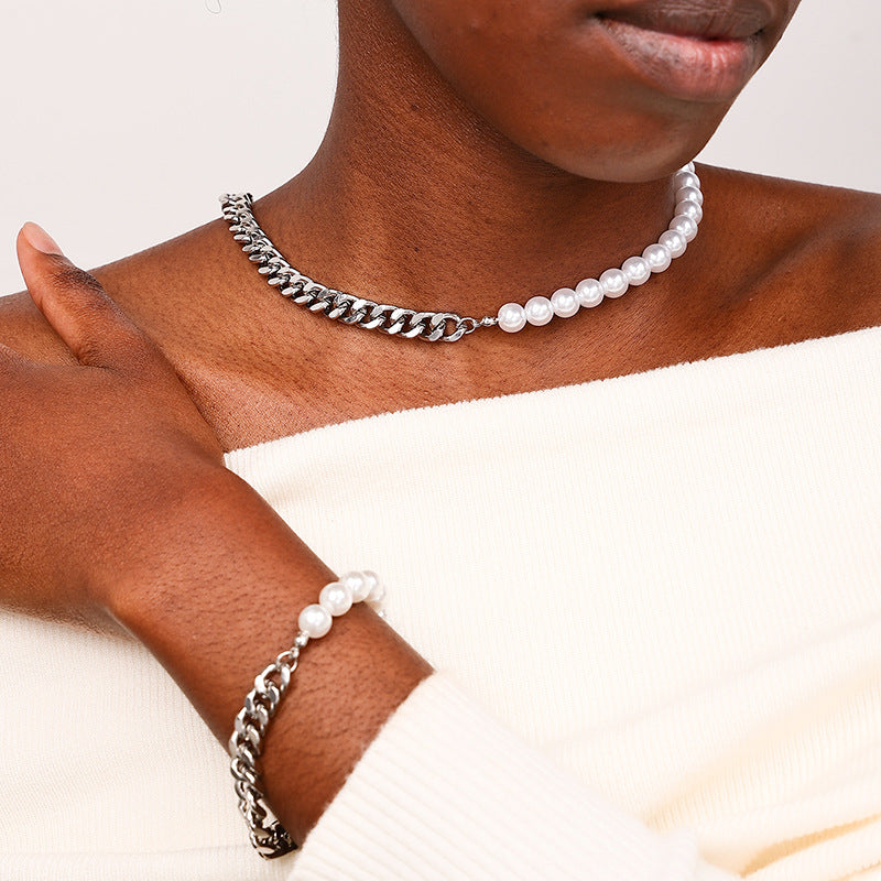 Hip-hop Cuban Chain Pearl Jewelry Set for Stylish Women