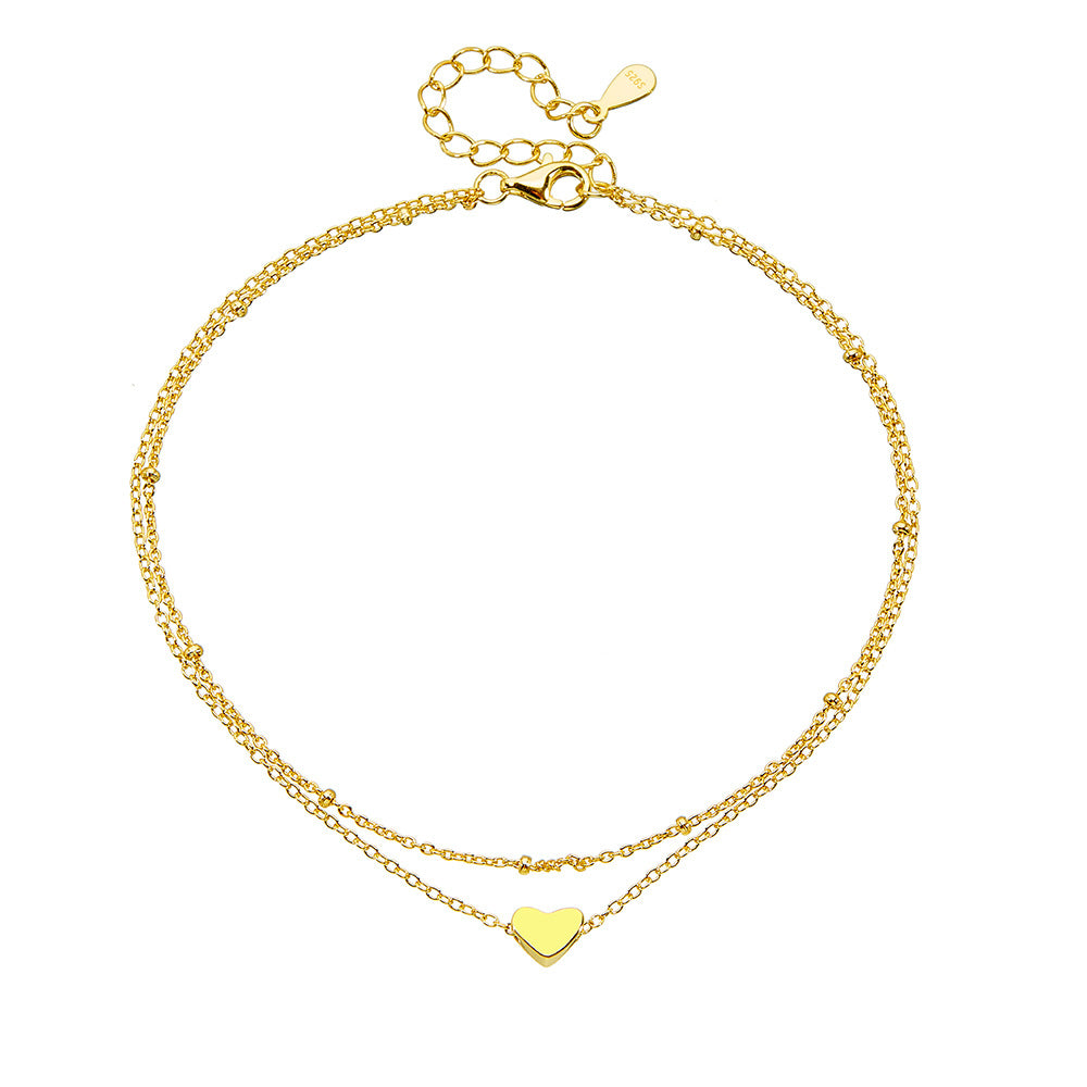S925 Sterling Silver Double Chain Heart Pendant Anklet Gold-Plated Love Foot Bracelet