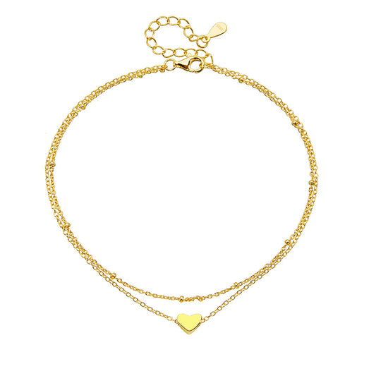 S925 Sterling Silver Double Chain Heart Pendant Anklet Gold-Plated Love Foot Bracelet