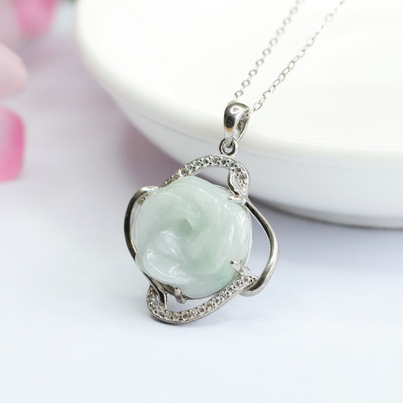 Elegant A Grade Rose Jade Pendant Necklace in Sterling Silver