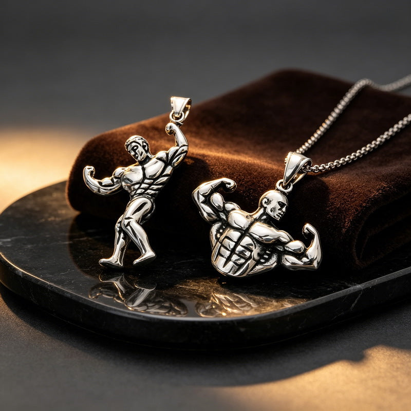 Popular Sports Fitness Muscle Men's Retro Arm Lift Abdominal Muscles Stainless Steel Men's Necklace