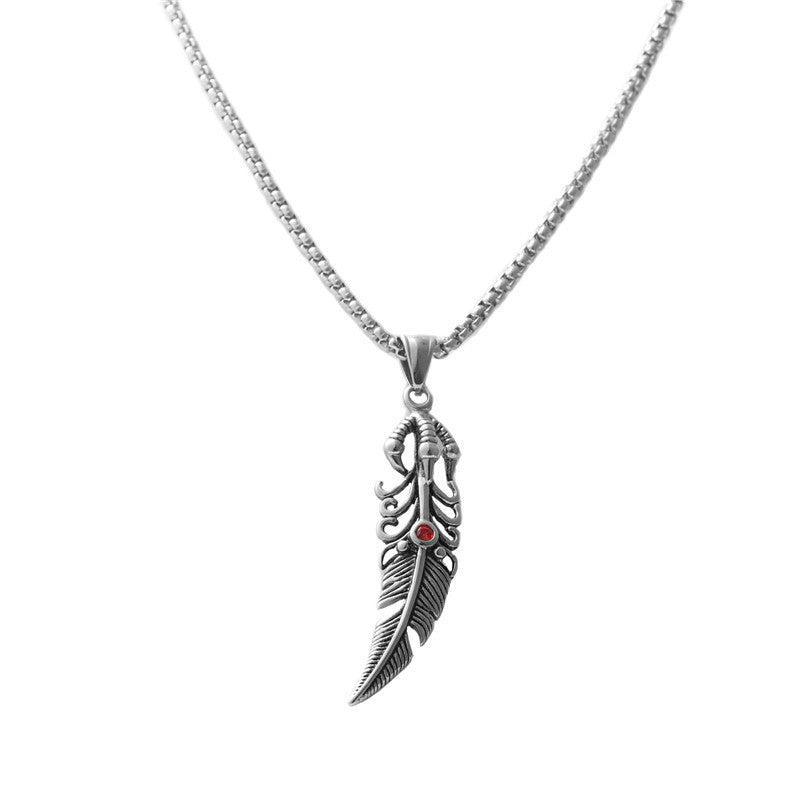 Personalized Retro Titanium Steel Feather Pendant Necklace with Red Stone for Men