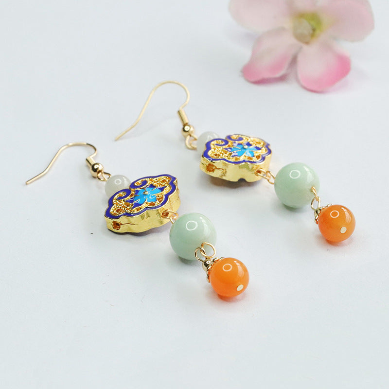 Golden Ruyi Earhooks with Colorful Enamel on Sterling Silver and Jade Gem