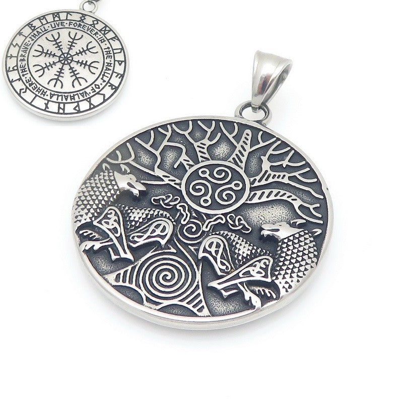 Viking Mythology World Tree Double Wolf Disc Pendant, Nordic Luhn Rune Crow Deer Necklace