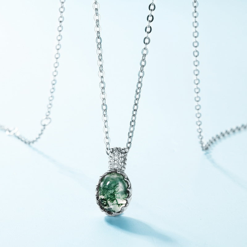 S925 Sterling Silver Moss Agate Oval Pendant Necklace
