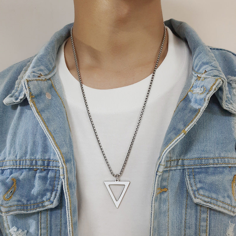 Stainless Steel Hollow Triangle Pendant Black Men Necklace