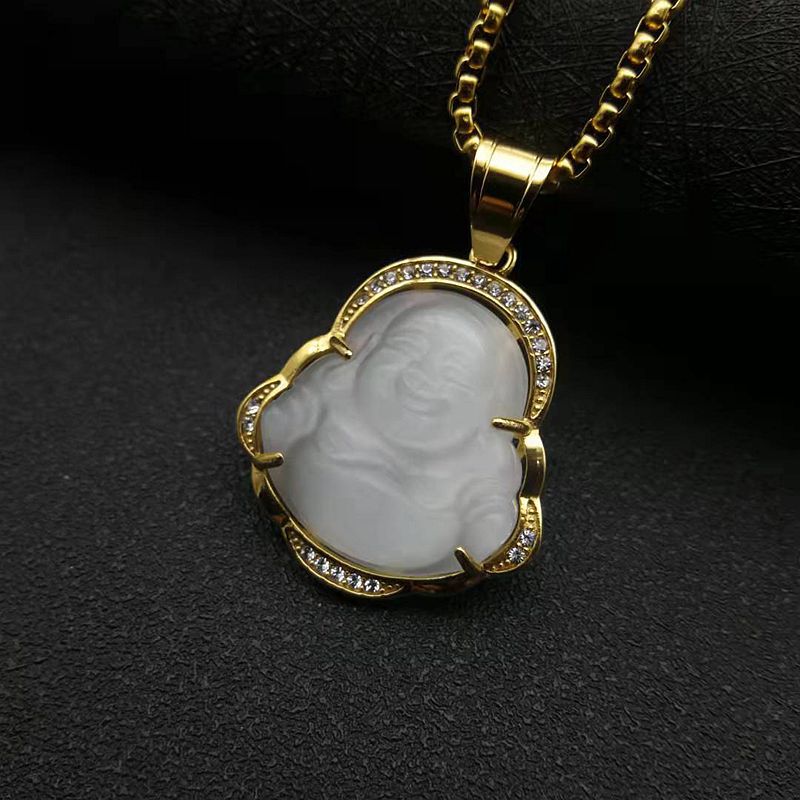 Planderful Maitreya Buddha Pendant Necklace Stainless Steel Gold Plated Zircon Opal Hip Hop Style For Men Women