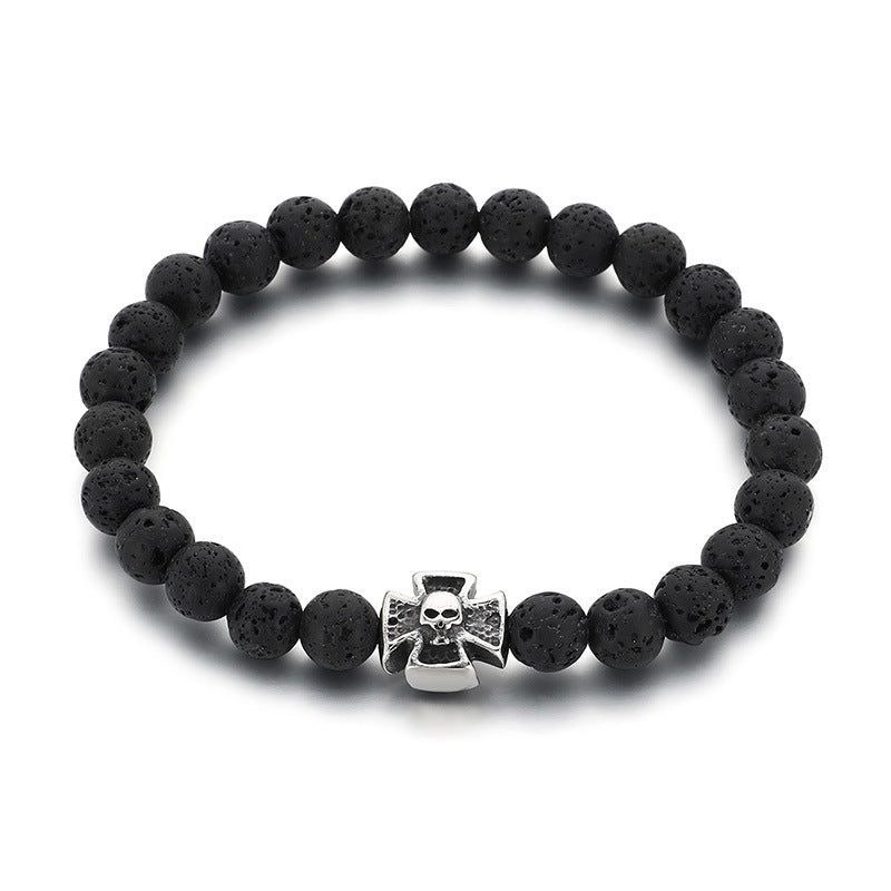 Planderful Men Skull Beaded Elastic Bracelet Volcanic Stone