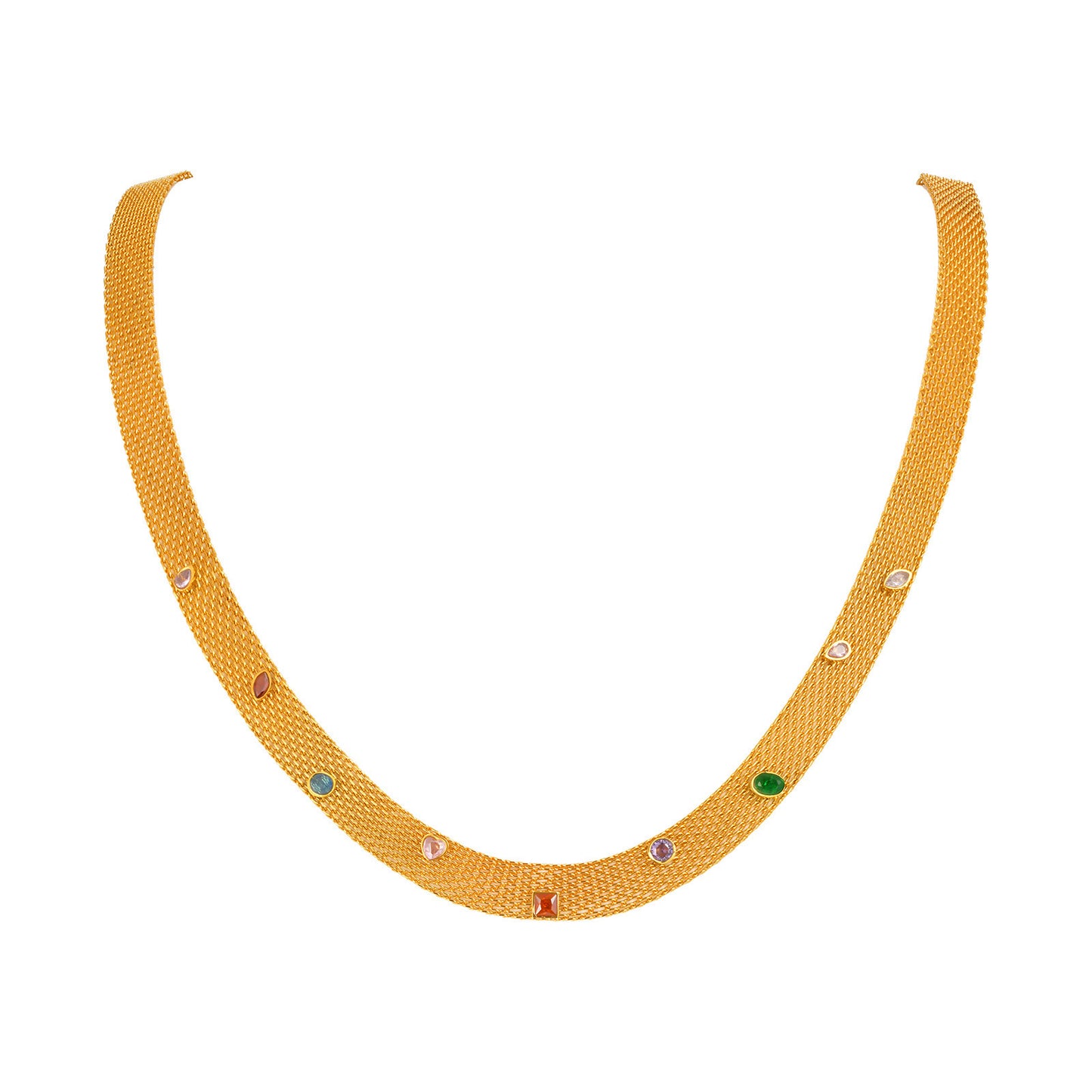 Gold Stainless Steel Mesh Chain With Colored Zircon Necklace Design Women's