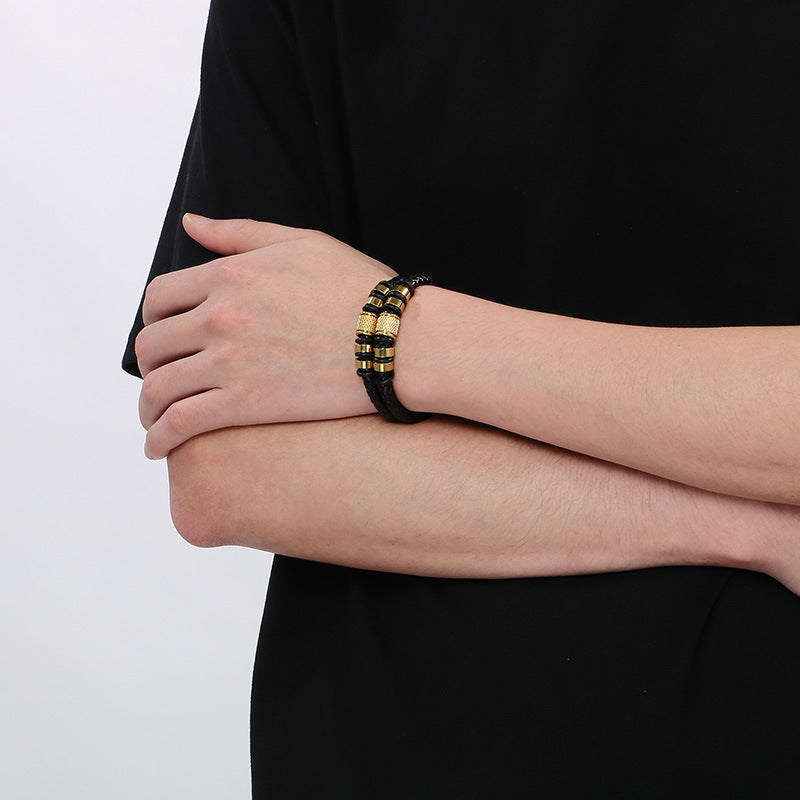 Business Style Double-Strand Woven Leather Rope Bracelet – Punk Stainless Steel Beaded