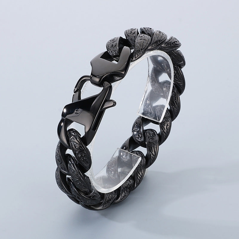 Personalized Tang Grass Pattern Stainless Steel Cuban Chain Bracelet for Men