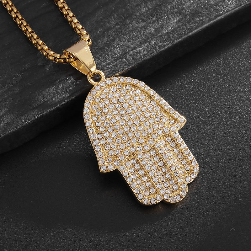 Planderful Hip Hop Necklace Titanium Steel Gold Plated Fatima Hand Pendant For Hip Hop Fans