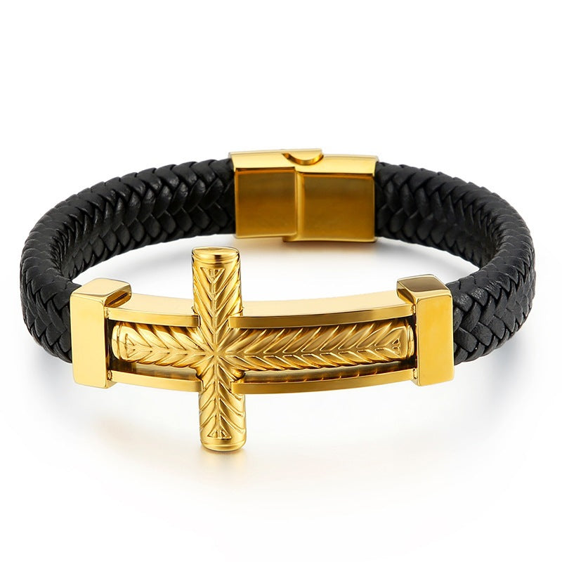 Tide & Cool Wheat Ear Pattern Cross Titanium Steel Leather Bracelet Men's – Niche