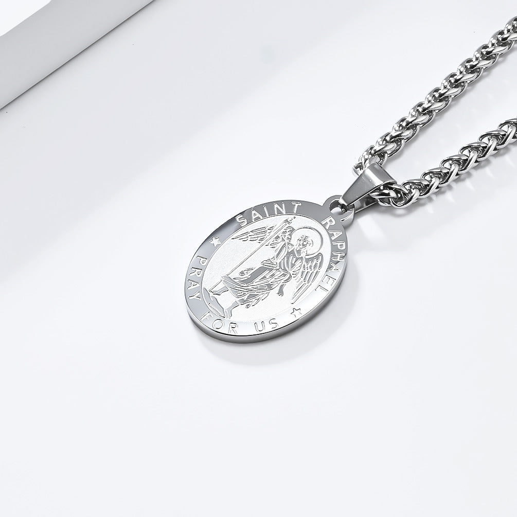 Patron Saint Archangel Oval Medal Pendant Titanium Steel Unisex Necklace By Planderful Everyday Genie Protection Gift