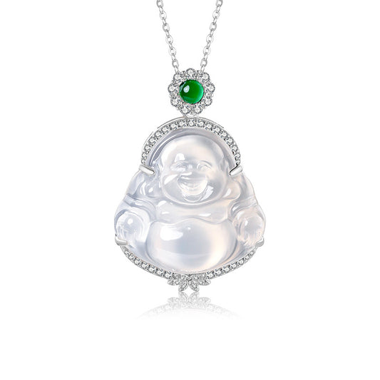 Ice Chalcedony Buddha Pendant Necklace S925 Sterling Silver