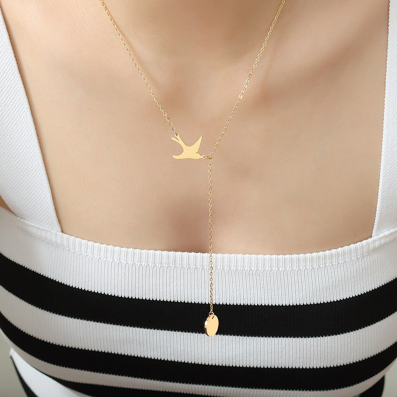 Korean Swallow Tassel Round Pendant Necklace - Adjustable Titanium Gold-Plated Clavicle Jewelry