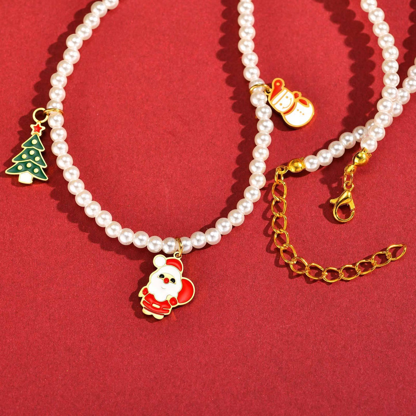 Stainless Steel Autumn & Winter Santa Claus Christmas Tree Snowman Imitation Pearl Necklace