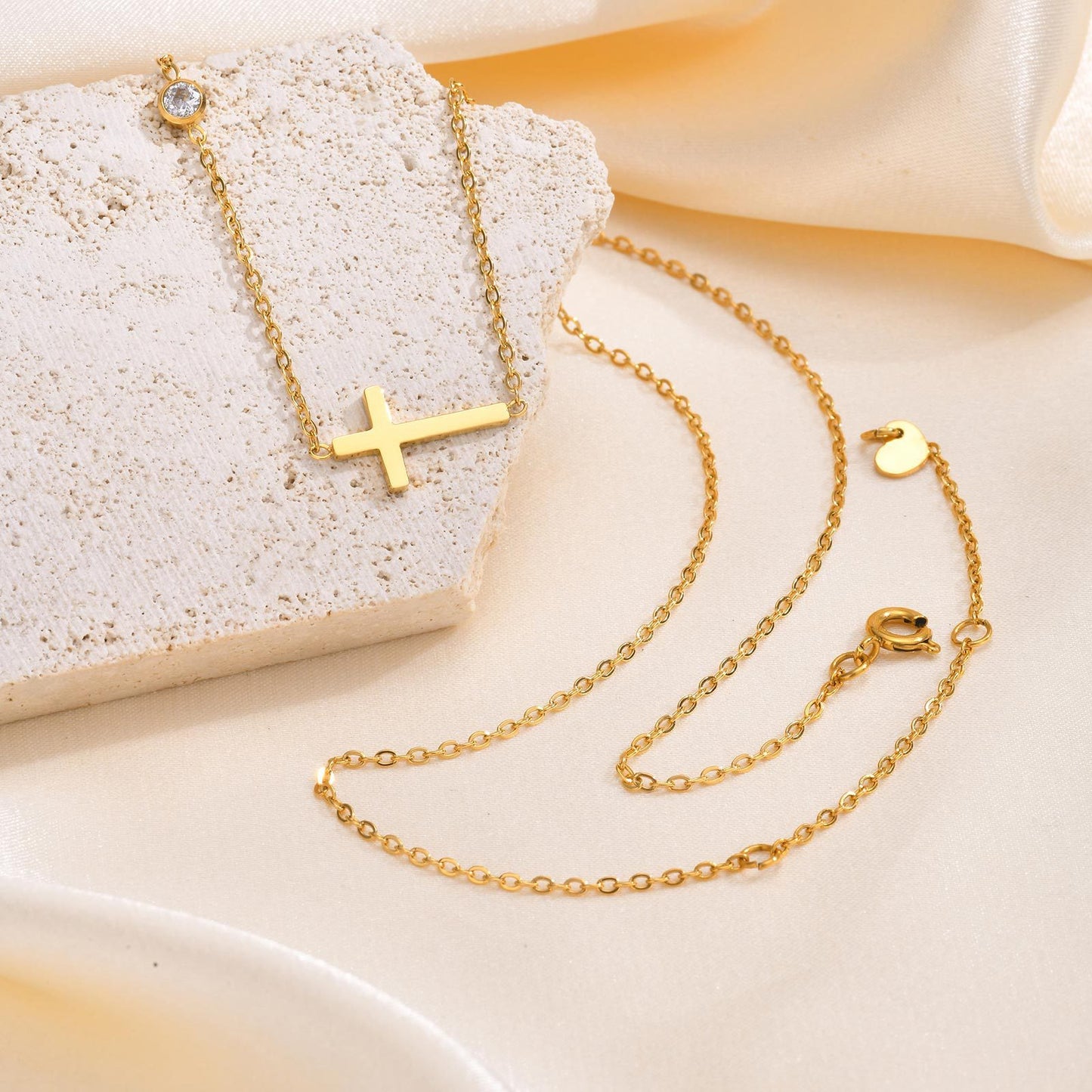 Stainless Steel Cross White Zircon Gold Necklace Bracelet Female