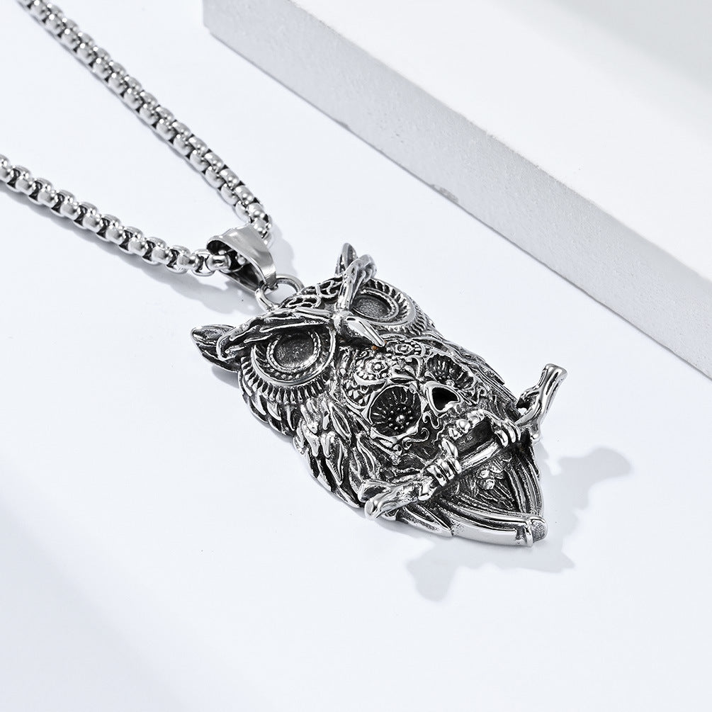 Amazon Dark Wind Owl Skull Stainless Steel Necklace for Men