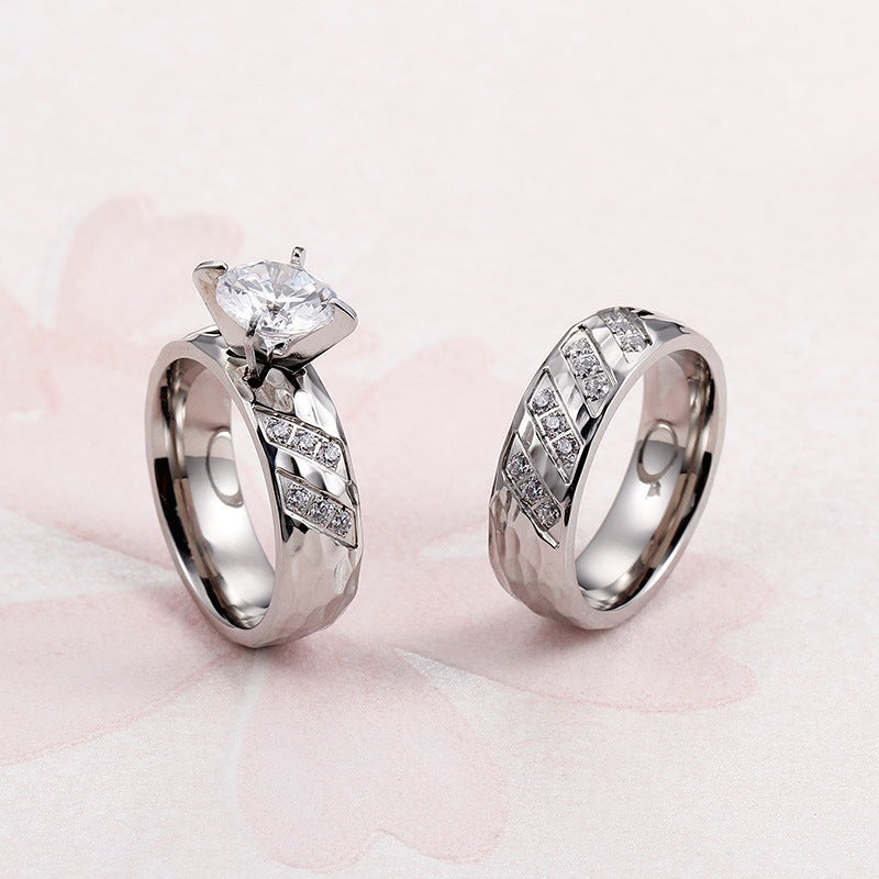 Titanium Steel Couple Ring Pair Ring, Hammer Texture Inlaid Zircon Titanium