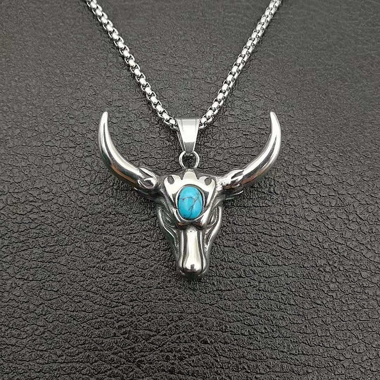Steel Necklace – Vintage Turquoise Bull Head Pendant For Men Punk Rock Accessory