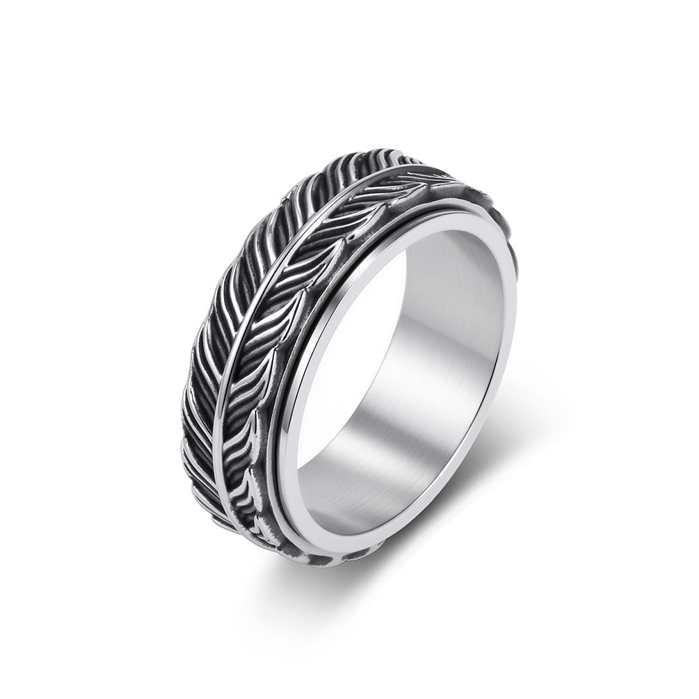 Feather Olive Branch Spinner Vintage Stainless Steel Ring for Men