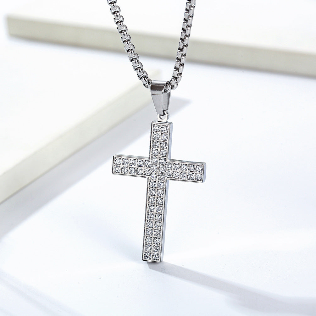 Planderful Cross Necklace Titanium Steel Zircon Inlaid Luxe Pendant For Urban Hip Hop Fans