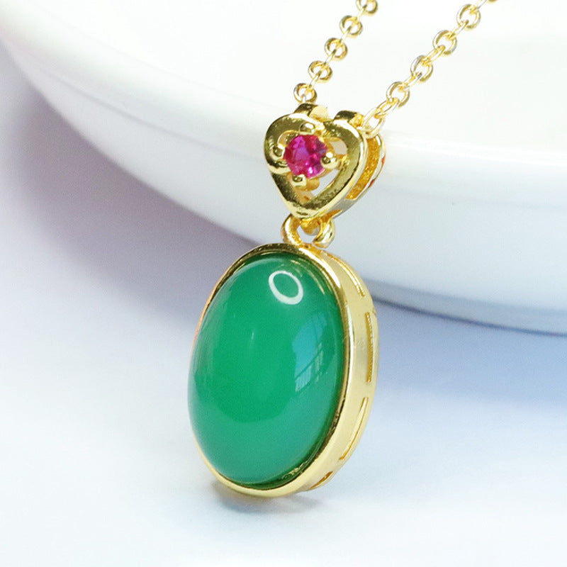 Green Chalcedony Zircon Love Pendant with Oval Design