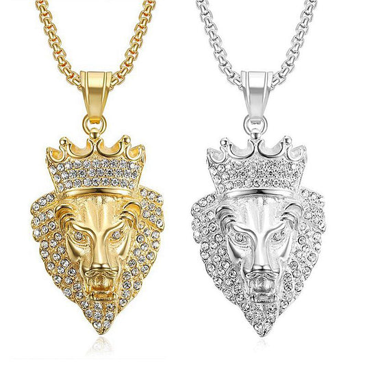 Planderful Hip Hop Lion Necklace Gold Plated Titanium Steel Rhinestone Crown Pendant For Hip Hop Fans