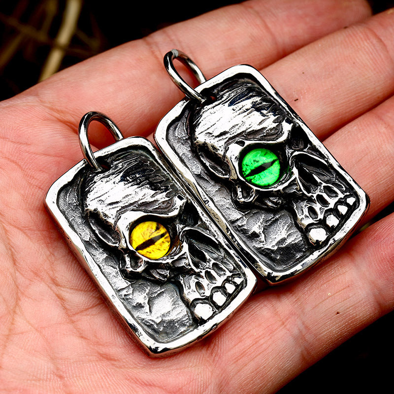 Punk Titanium Steel Skull Pendant with Yellow Eye for Men - European and American Style