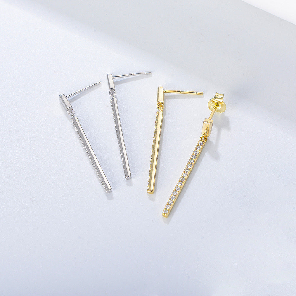 S925 Sterling Silver Geometric Rectangle Single-Row Zircon Long Fringed Earrings Stud Earrings
