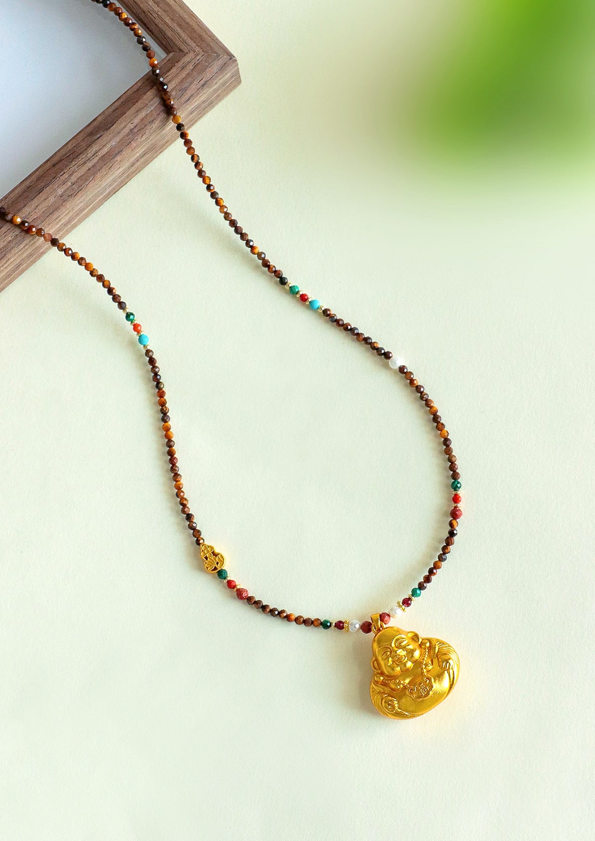 Tiger Eye & Turquoise Buddha Pendant Necklace