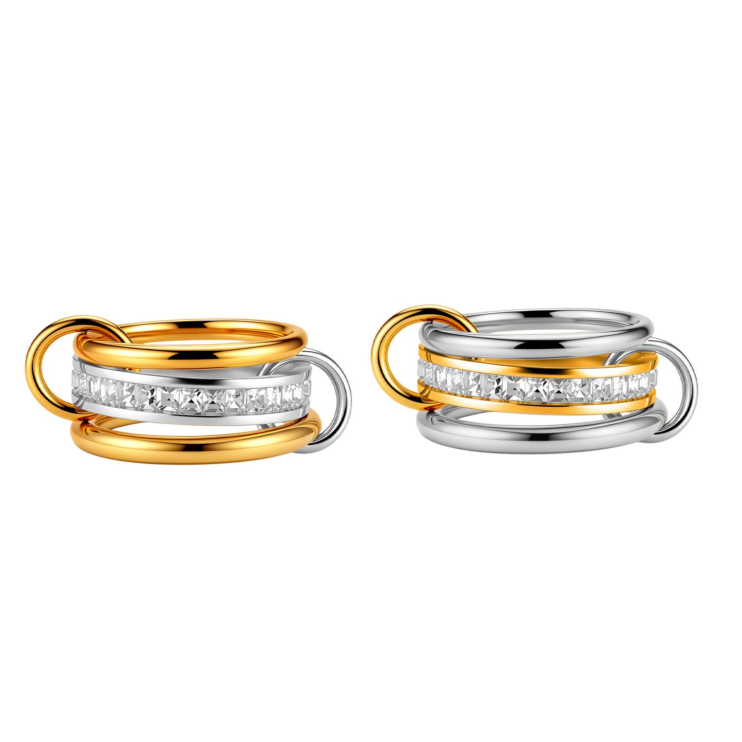 Interlocking Chain Ring Planderful Light Luxury Zircon Inlaid Stainless Steel Unisex Gold Silver