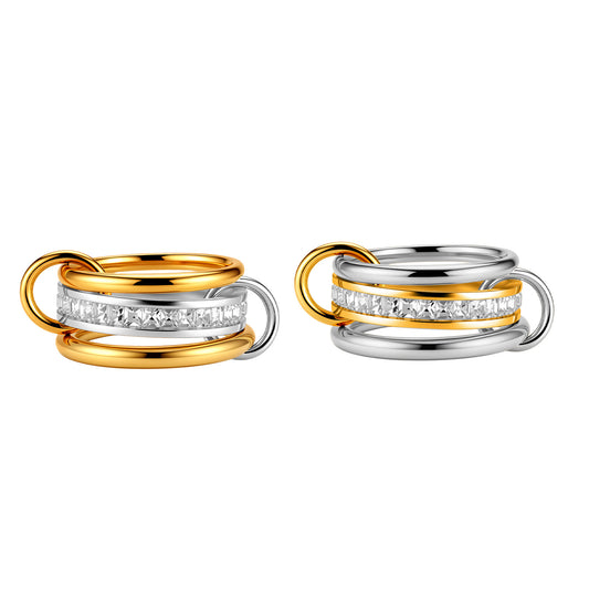 Interlocking Chain Ring Planderful Light Luxury Zircon Inlaid Stainless Steel Unisex Gold Silver