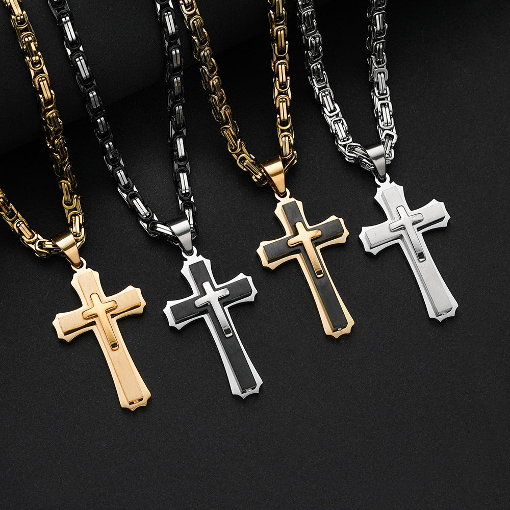 Planderful Three Layer Cross Necklace Titanium Steel For Boys Bold Domineering Hip Hop Style Everyday Genie