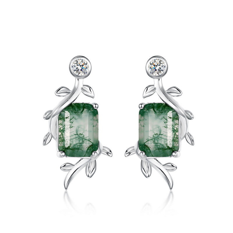 S925 Sterling Silver Moss Agate Signature Stud Earrings