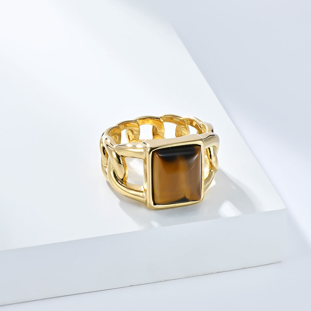 Planderful Everyday Genie Tiger Eye Titanium Steel Ring For Men Geometric Hollow Cuban Chain