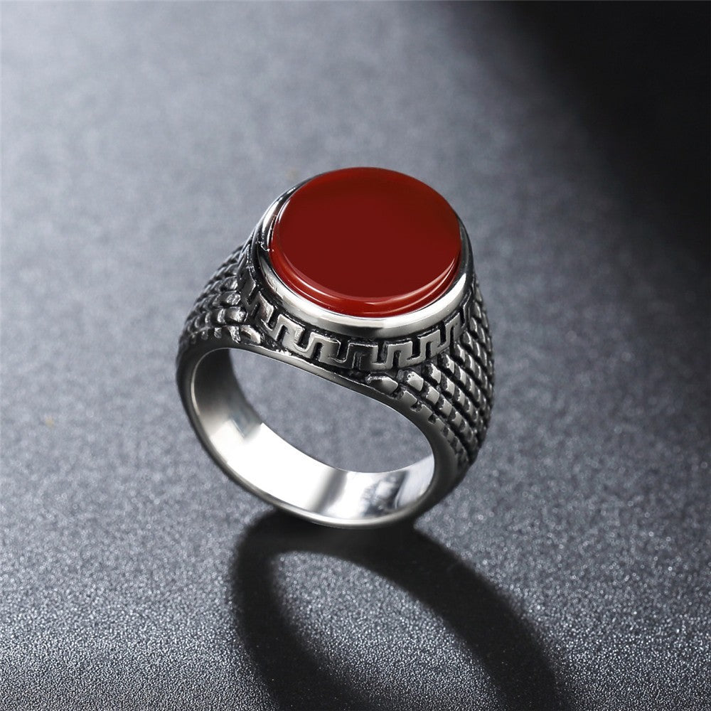 Planderful Unisex Stainless Steel Ring With Round Gemstone Retro European American Design Protection Statement
