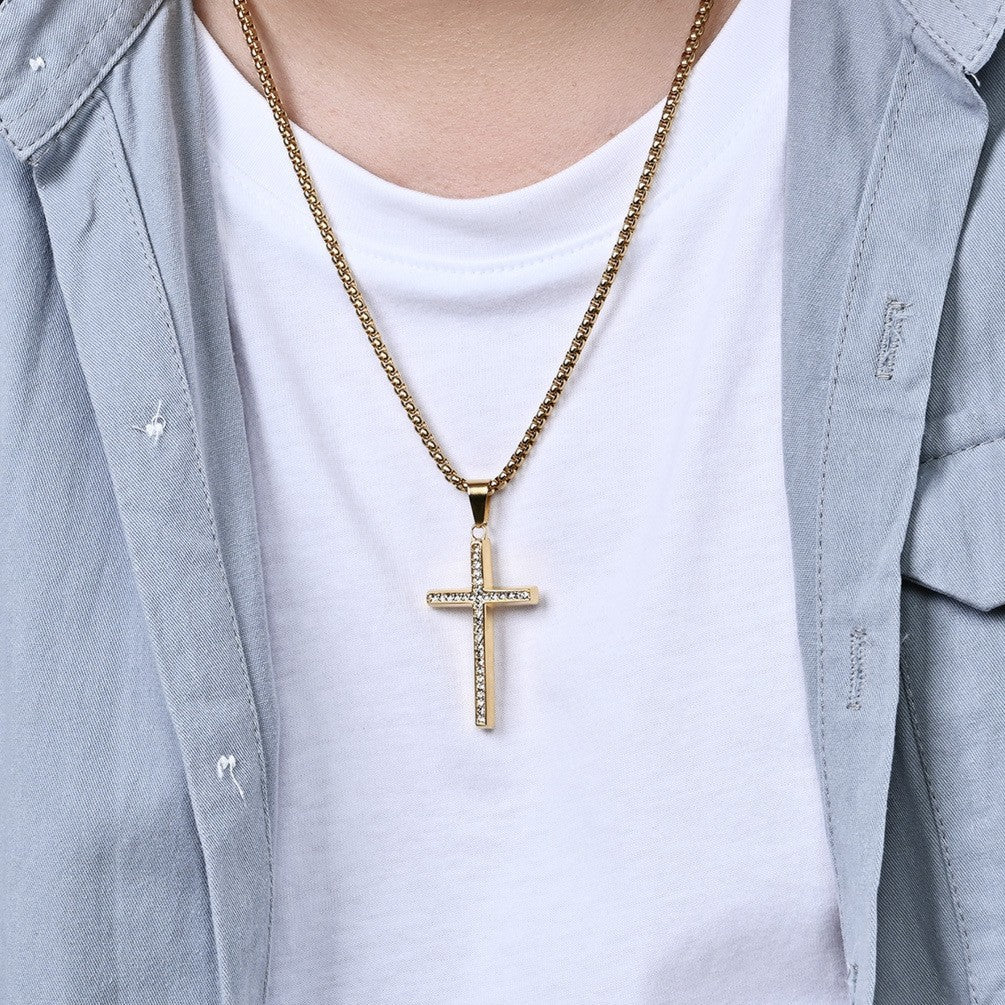 Planderful Zircon Cross Necklace Titanium Steel Beveled Pendant For Hip Hop Fans