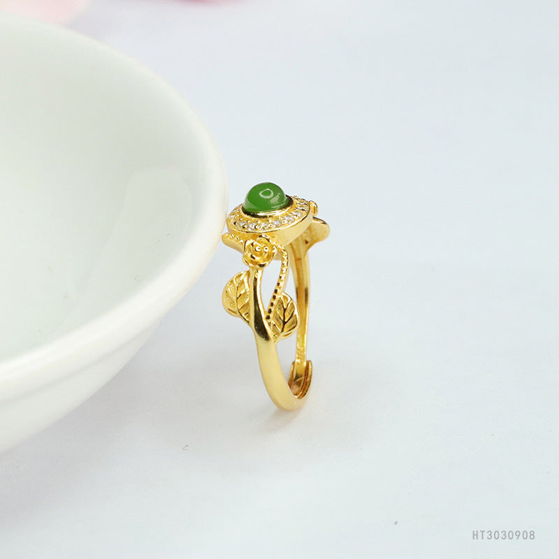 925 Sterling Silver Hetian Jasper Floral Leaf Ring