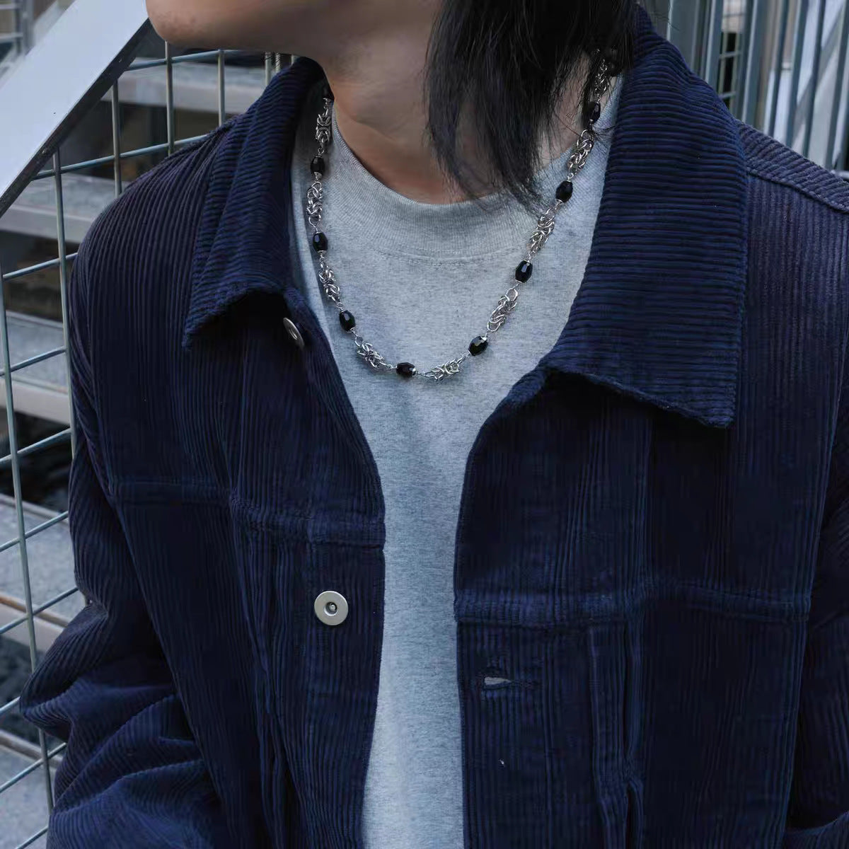 Planderful Jewelry Stainless Steel Cuban Chain Necklace Black Bead Handmade For Everyday Style