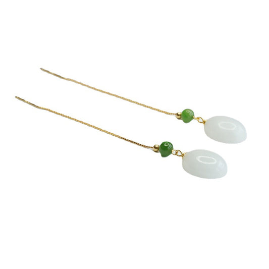 Elegant Sterling Silver Hetian White and Green Jade Earrings