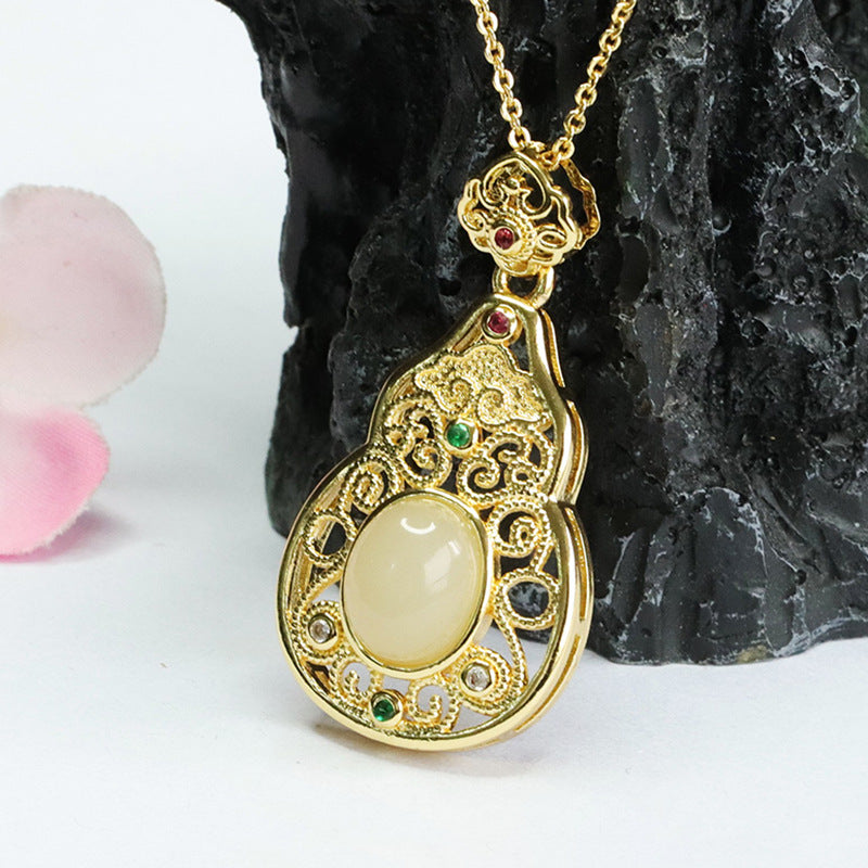 Hollow Gourd Fortune's Favor Sterling Silver Jade Pendant