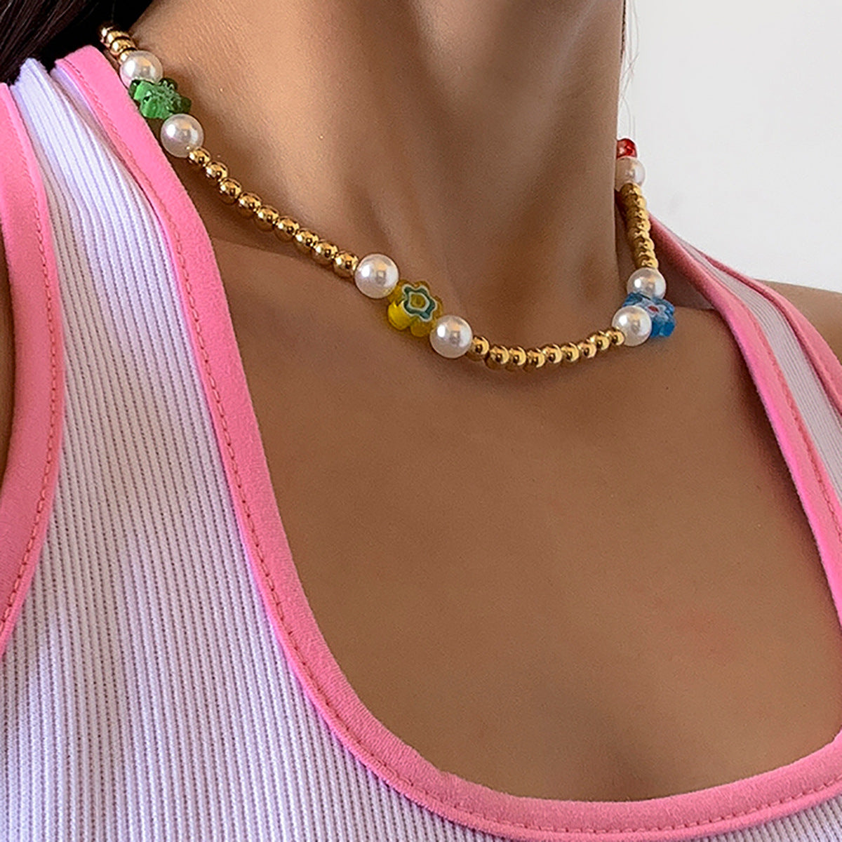 Planderful Glass Flower Necklace For Women Colorful Vacation Style Beaded Creative Clavicle Chain Statement